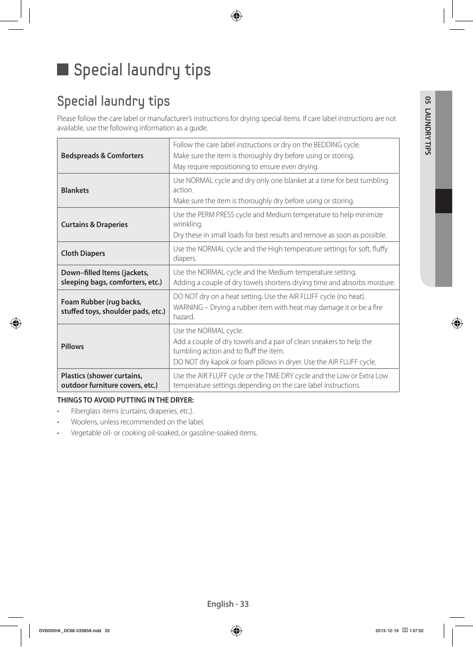 Special laundry tips | Samsung DV42H5600EG-AC User Manual | Page 33 / 132