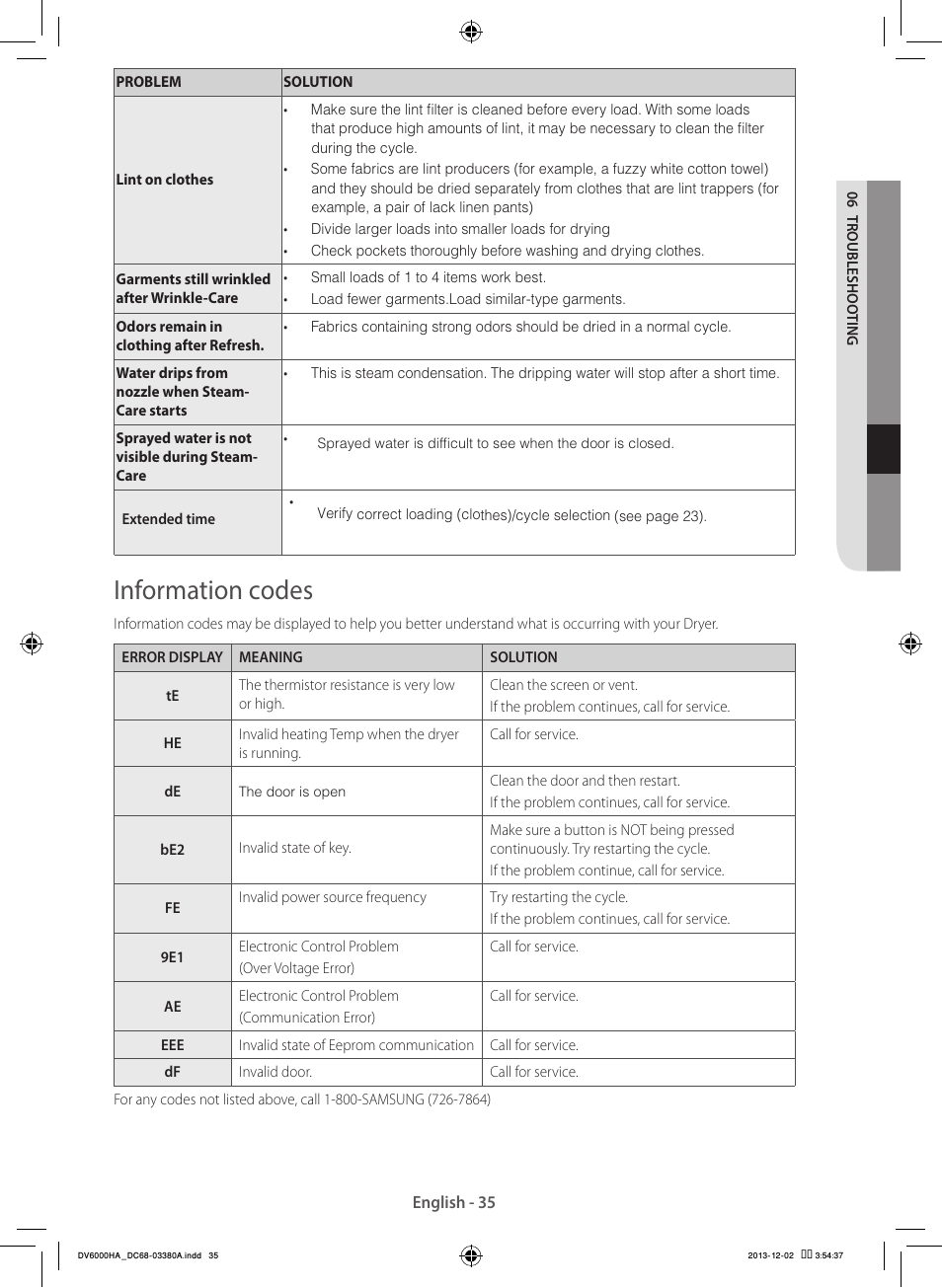 Information codes | Samsung DV42H5600EG-AC User Manual | Page 35 / 132