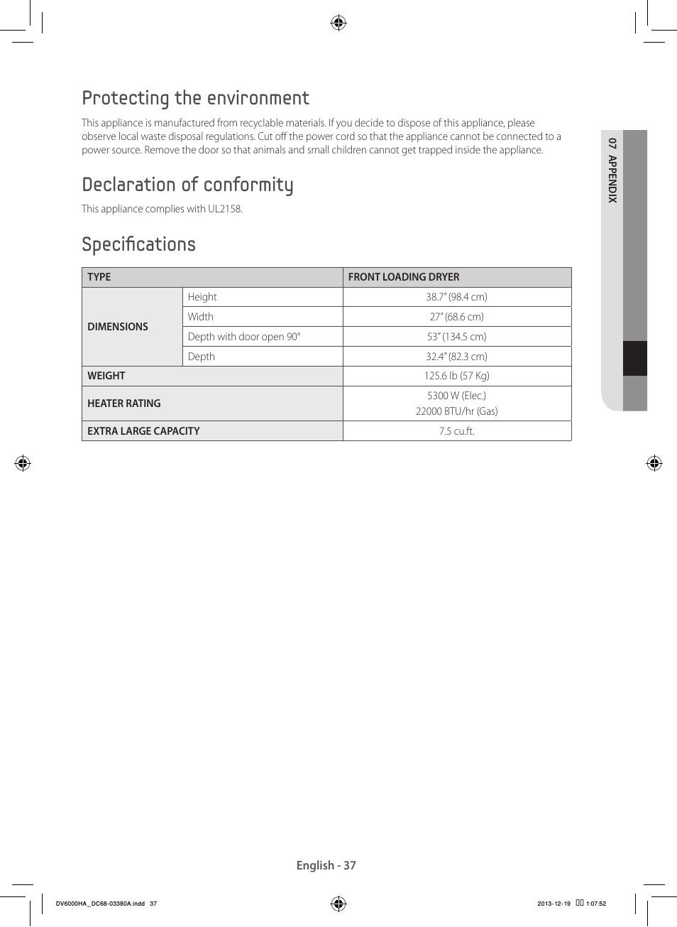 Protecting the environment, Declaration of conformity, Specifications | Samsung DV42H5600EG-AC User Manual | Page 37 / 132