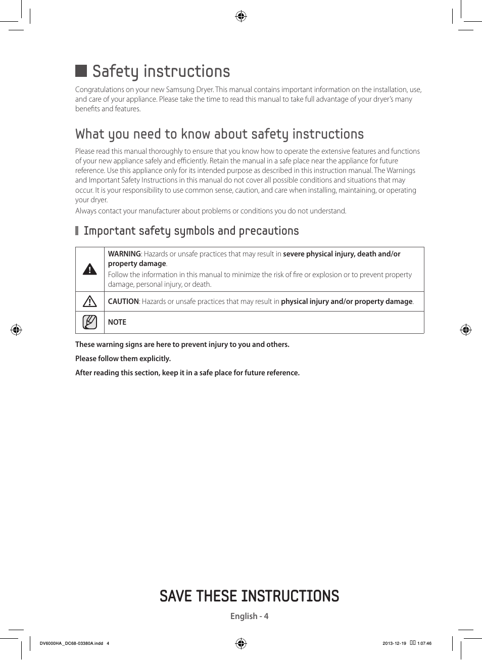 Safety instructions, Save these instructions, What you need to know about safety instructions | Important safety symbols and precautions | Samsung DV42H5600EG-AC User Manual | Page 4 / 132