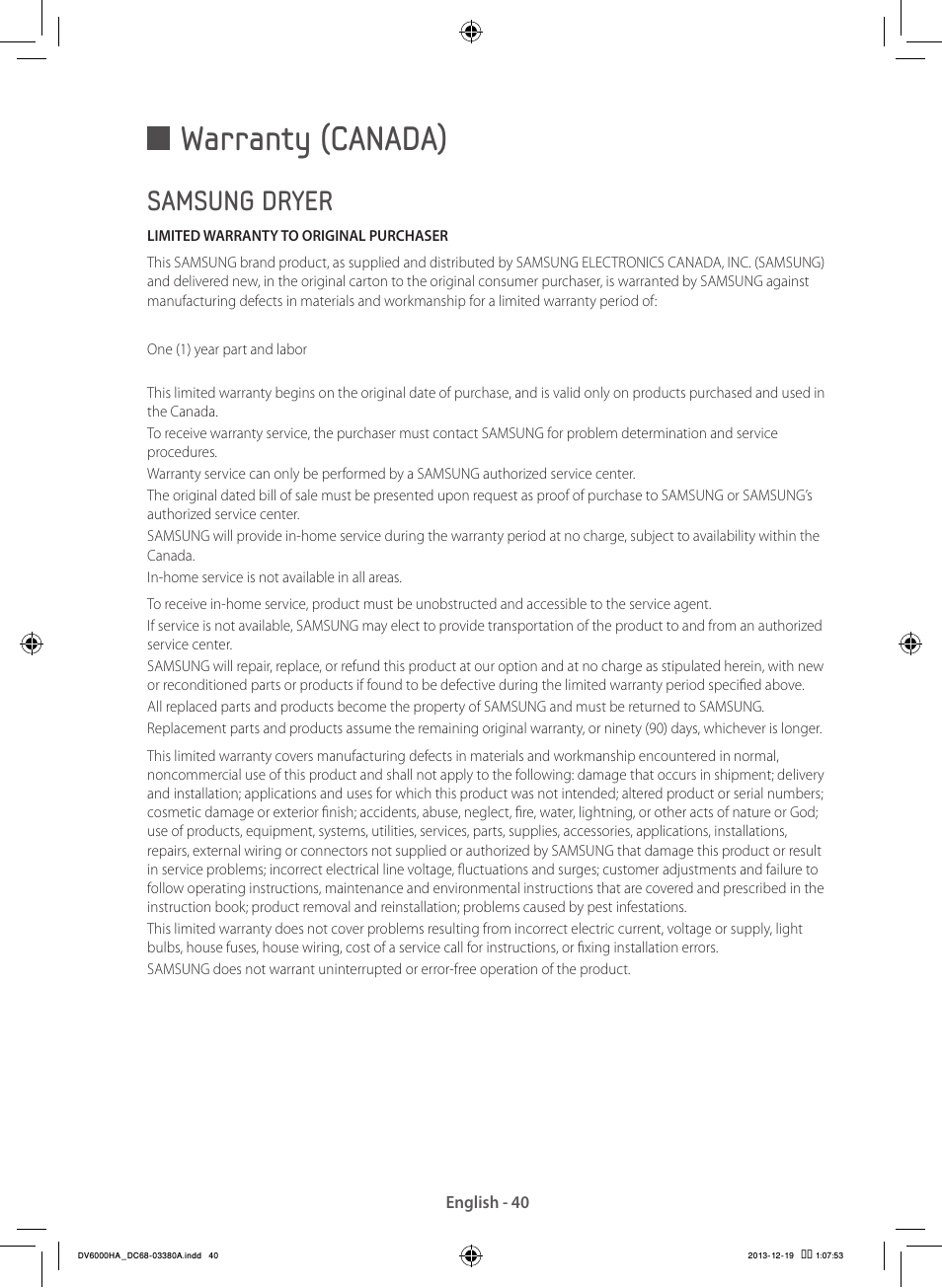Warranty (canada), Samsung dryer | Samsung DV42H5600EG-AC User Manual | Page 40 / 132