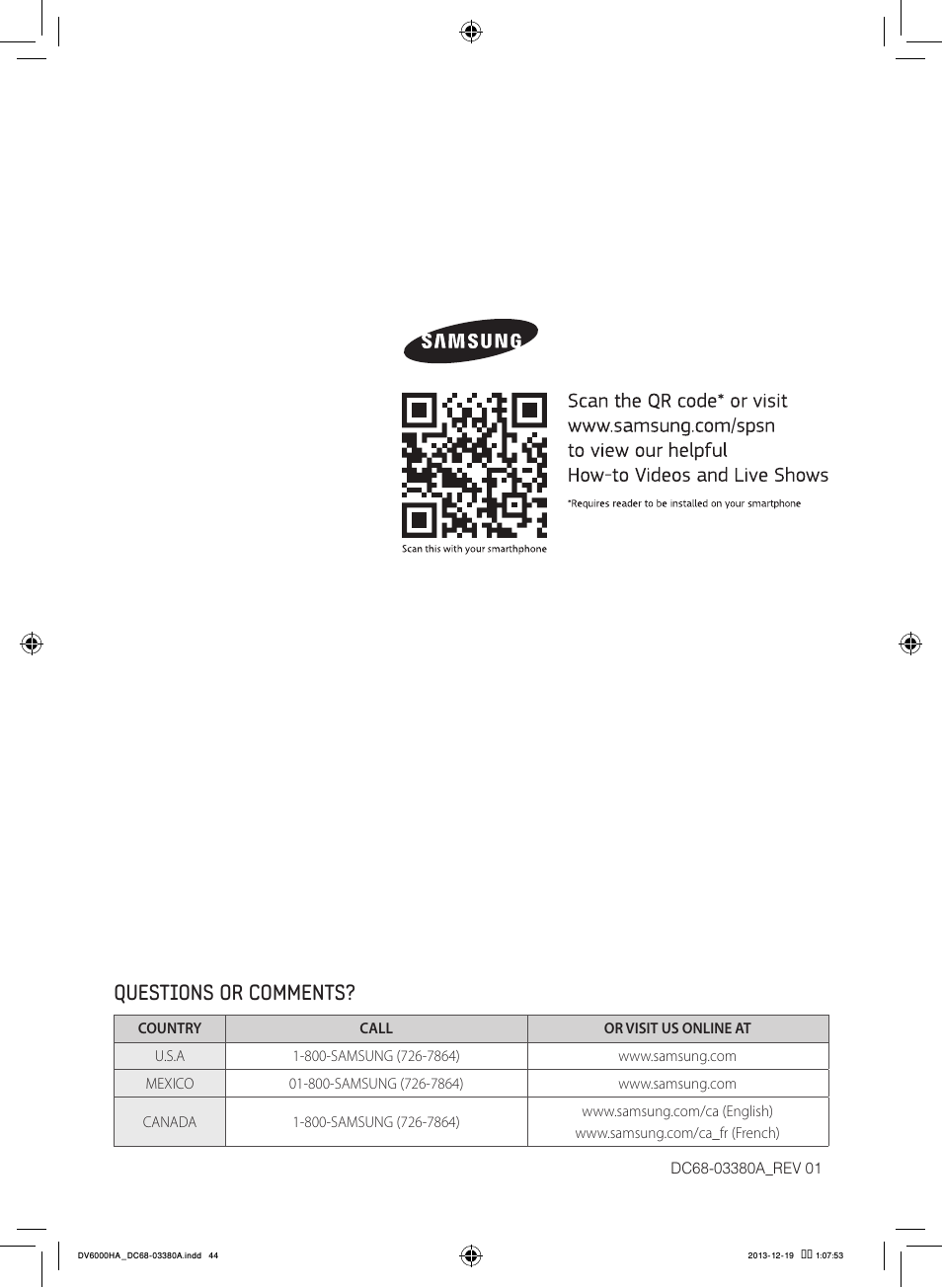 Questions or comments | Samsung DV42H5600EG-AC User Manual | Page 44 / 132