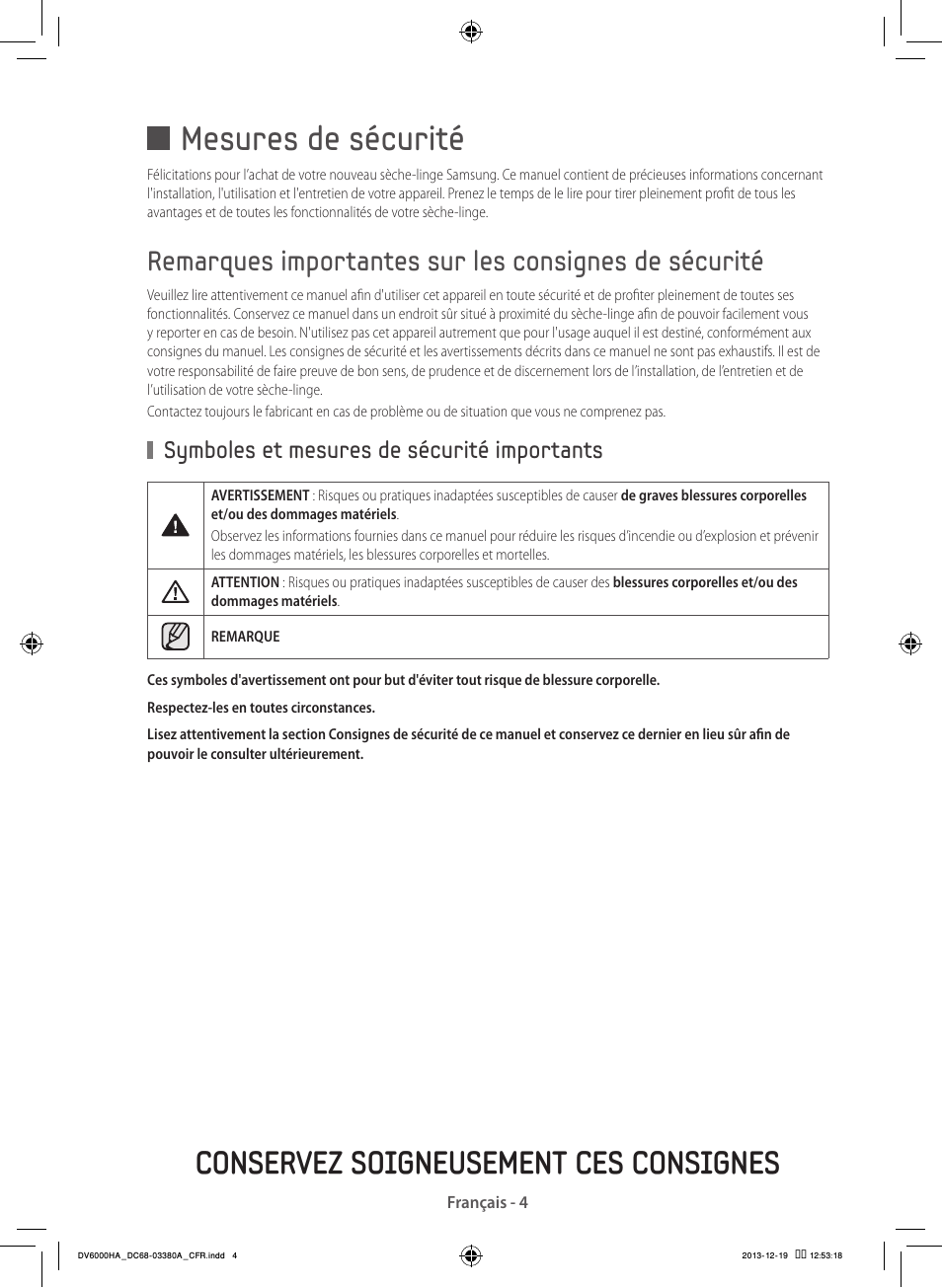 Mesures de sécurité, Conservez soigneusement ces consignes, Symboles et mesures de sécurité importants | Samsung DV42H5600EG-AC User Manual | Page 48 / 132