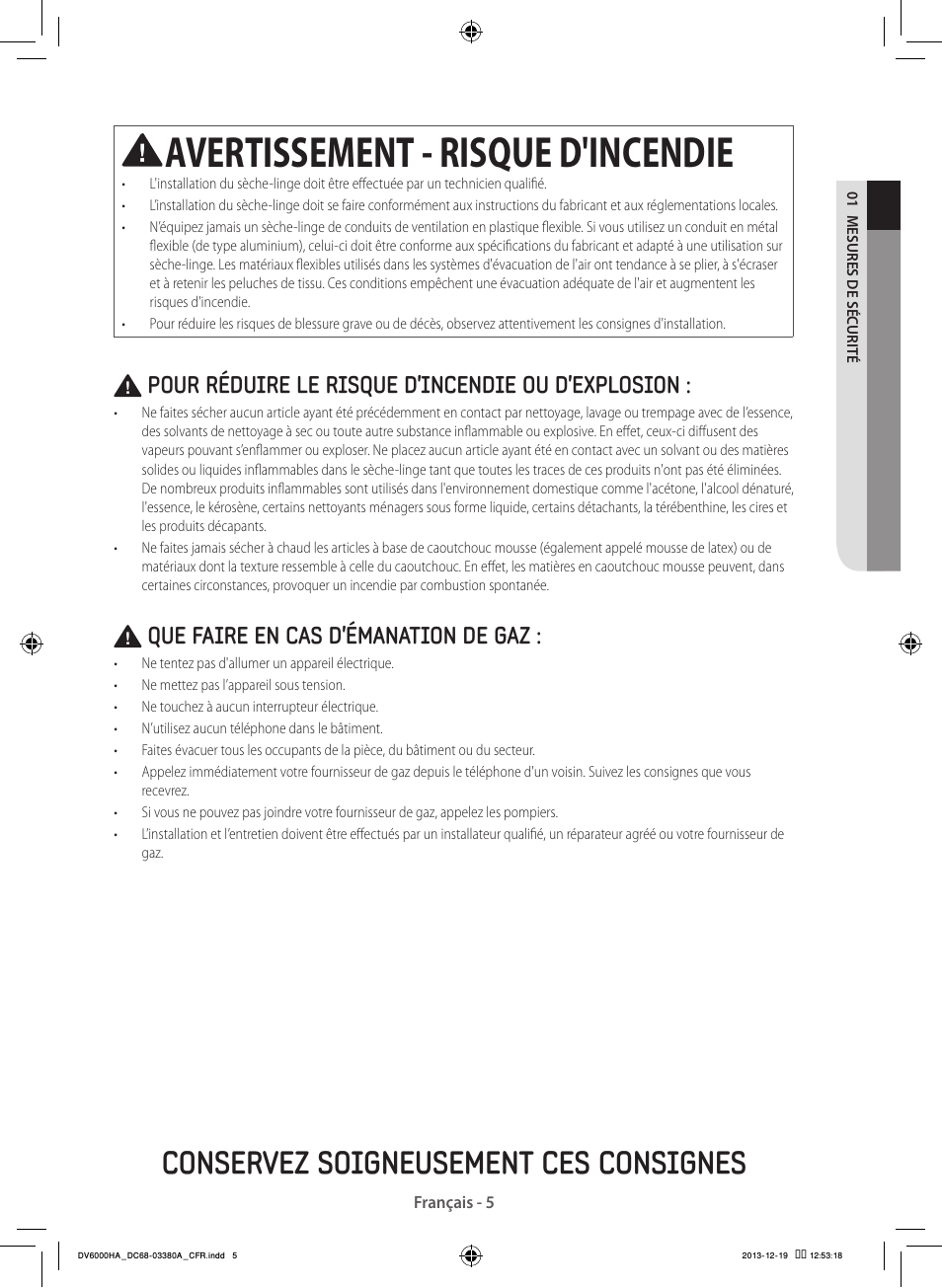 Avertissement - risque d'incendie, Conservez soigneusement ces consignes, Pour réduire le risque d'incendie ou d'explosion | Que faire en cas d’émanation de gaz | Samsung DV42H5600EG-AC User Manual | Page 49 / 132