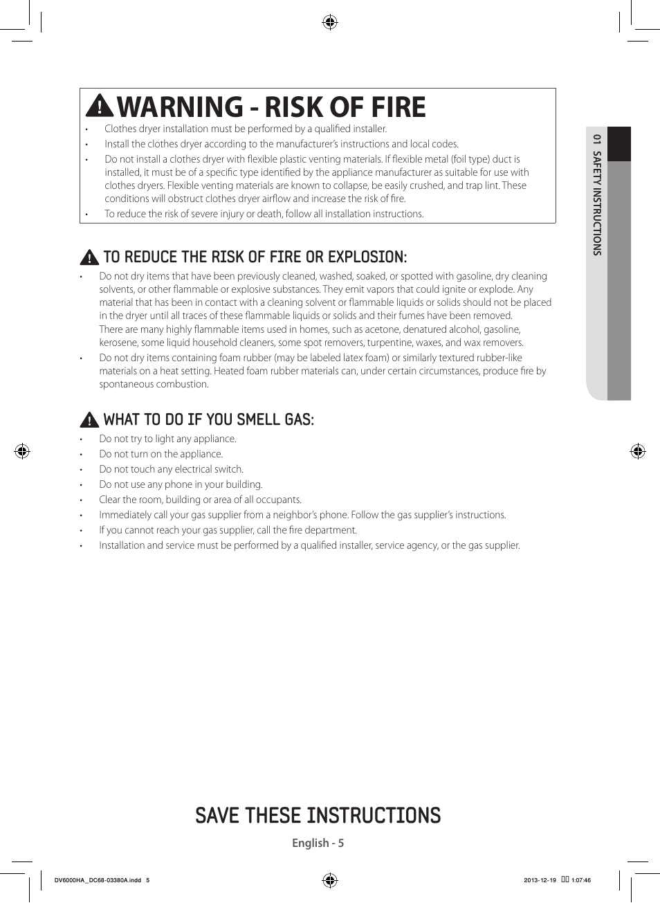 Warning - risk of fire, Save these instructions, What to do if you smell gas | Samsung DV42H5600EG-AC User Manual | Page 5 / 132
