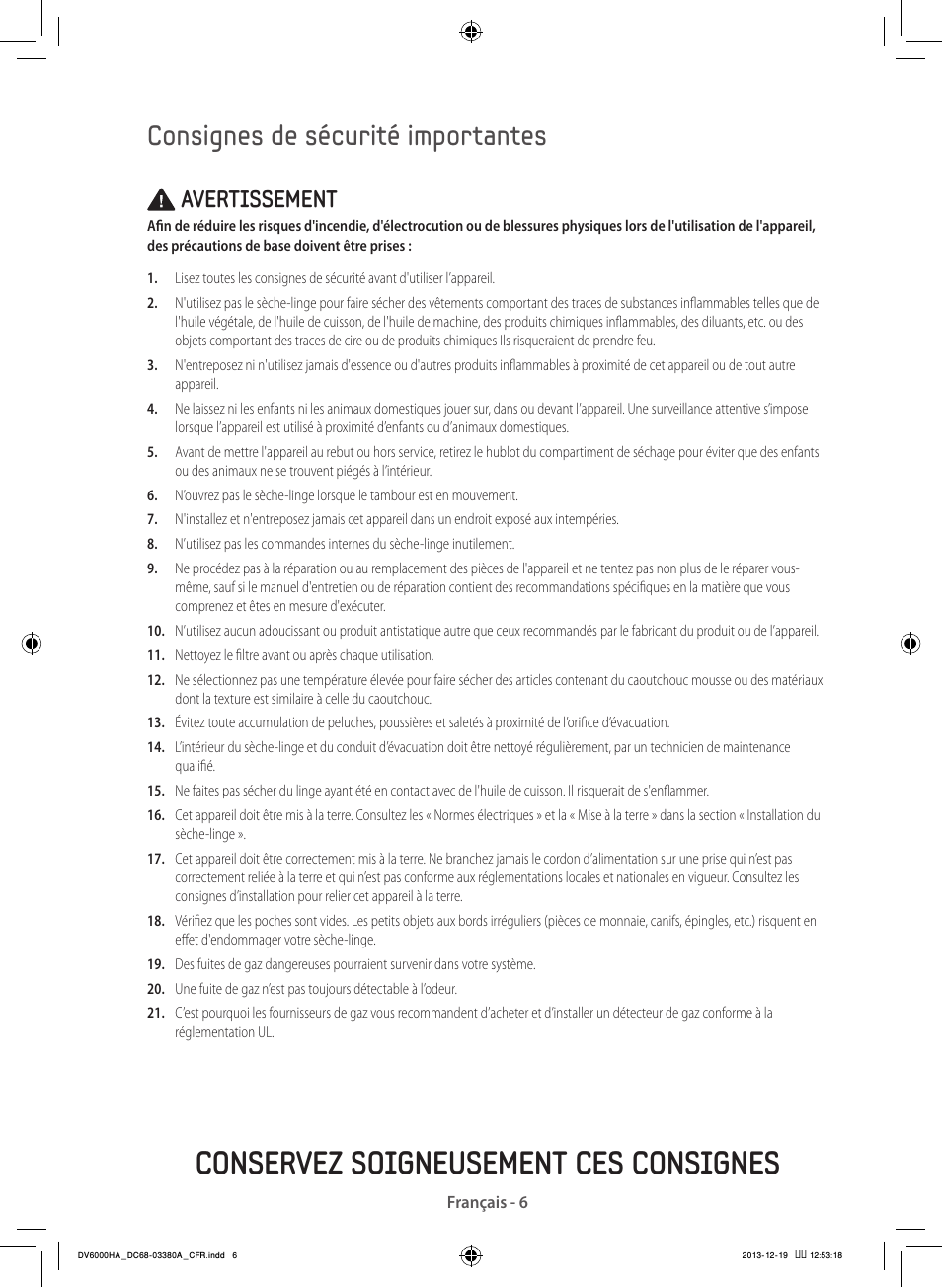 Conservez soigneusement ces consignes, Consignes de sécurité importantes, Avertissement | Samsung DV42H5600EG-AC User Manual | Page 50 / 132