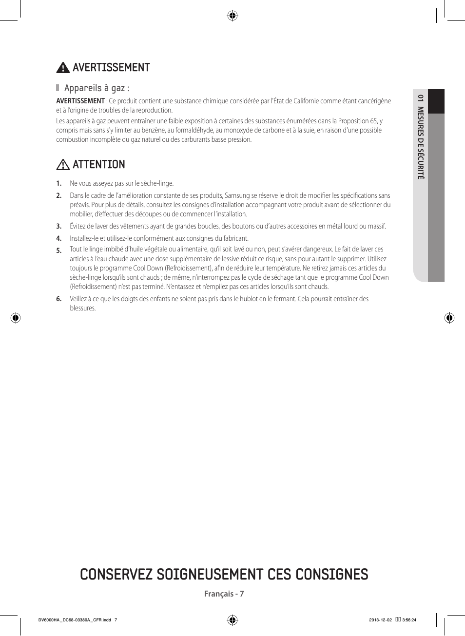 Conservez soigneusement ces consignes, Avertissement, Attention | Samsung DV42H5600EG-AC User Manual | Page 51 / 132