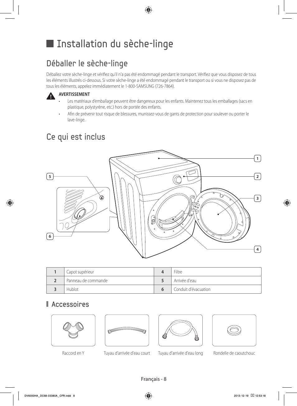 Installation du sèche-linge, Déballer le sèche-linge, Ce qui est inclus | Accessoires | Samsung DV42H5600EG-AC User Manual | Page 52 / 132