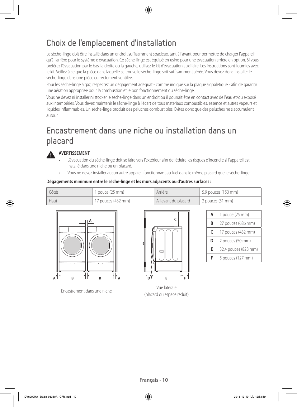 Choix de l'emplacement d'installation | Samsung DV42H5600EG-AC User Manual | Page 54 / 132