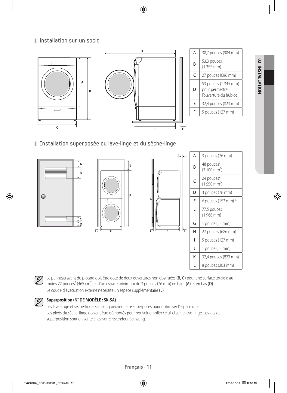 Installation sur un socle | Samsung DV42H5600EG-AC User Manual | Page 55 / 132
