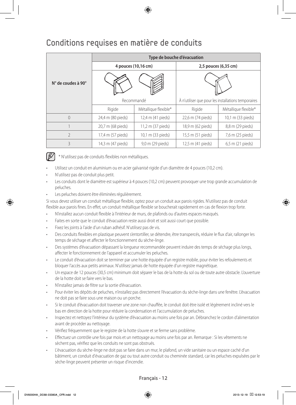 Conditions requises en matière de conduits | Samsung DV42H5600EG-AC User Manual | Page 56 / 132