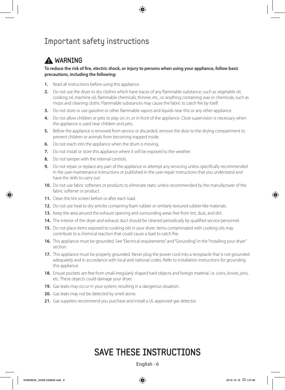 Save these instructions, Important safety instructions, Warning | Samsung DV42H5600EG-AC User Manual | Page 6 / 132