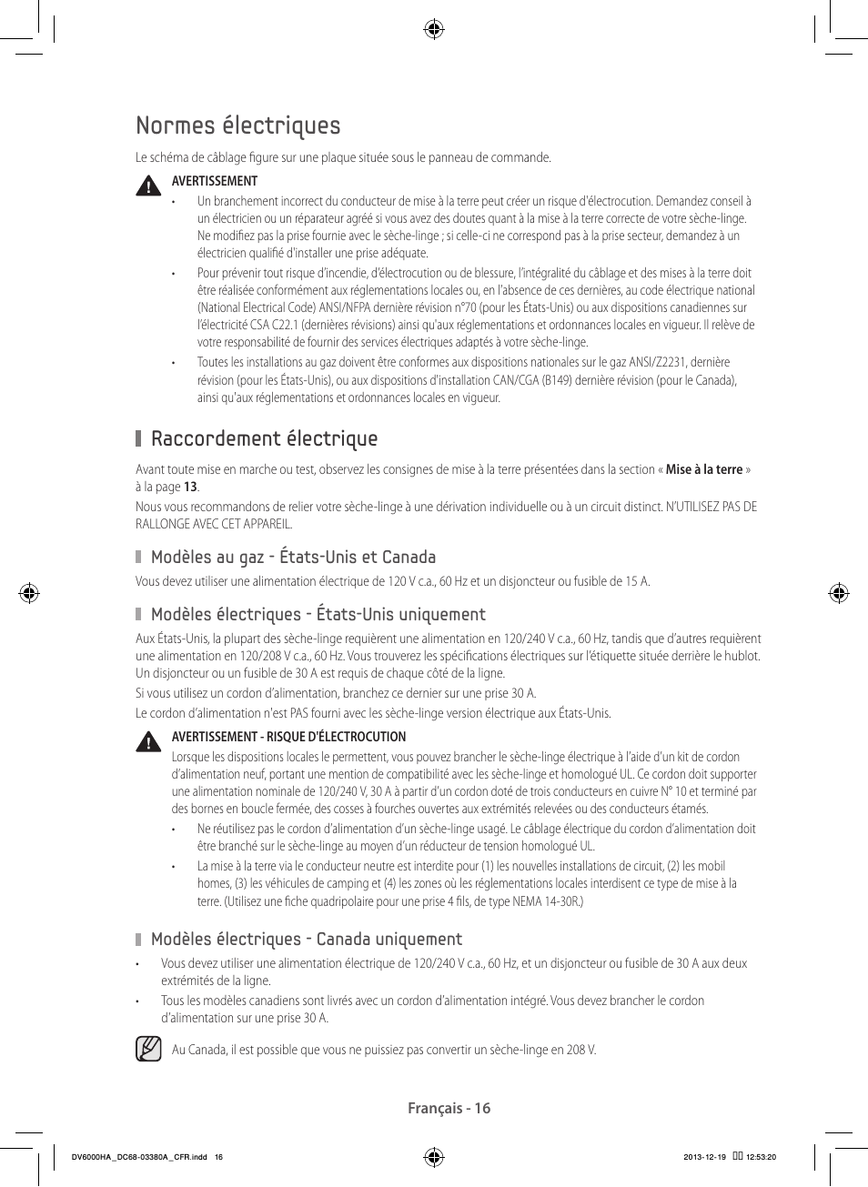 Normes électriques, Raccordement électrique | Samsung DV42H5600EG-AC User Manual | Page 60 / 132