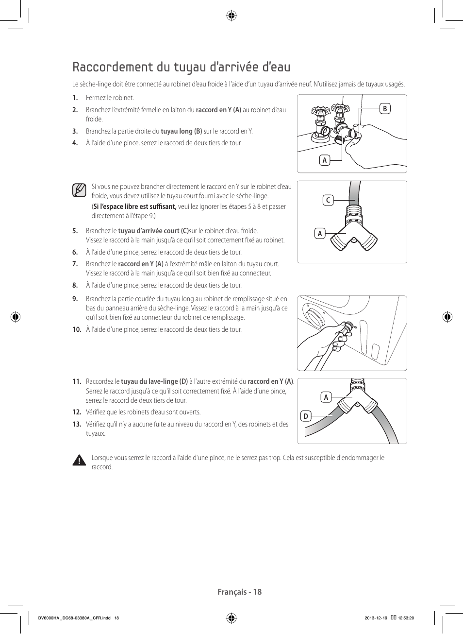 Raccordement du tuyau d’arrivée d'eau | Samsung DV42H5600EG-AC User Manual | Page 62 / 132