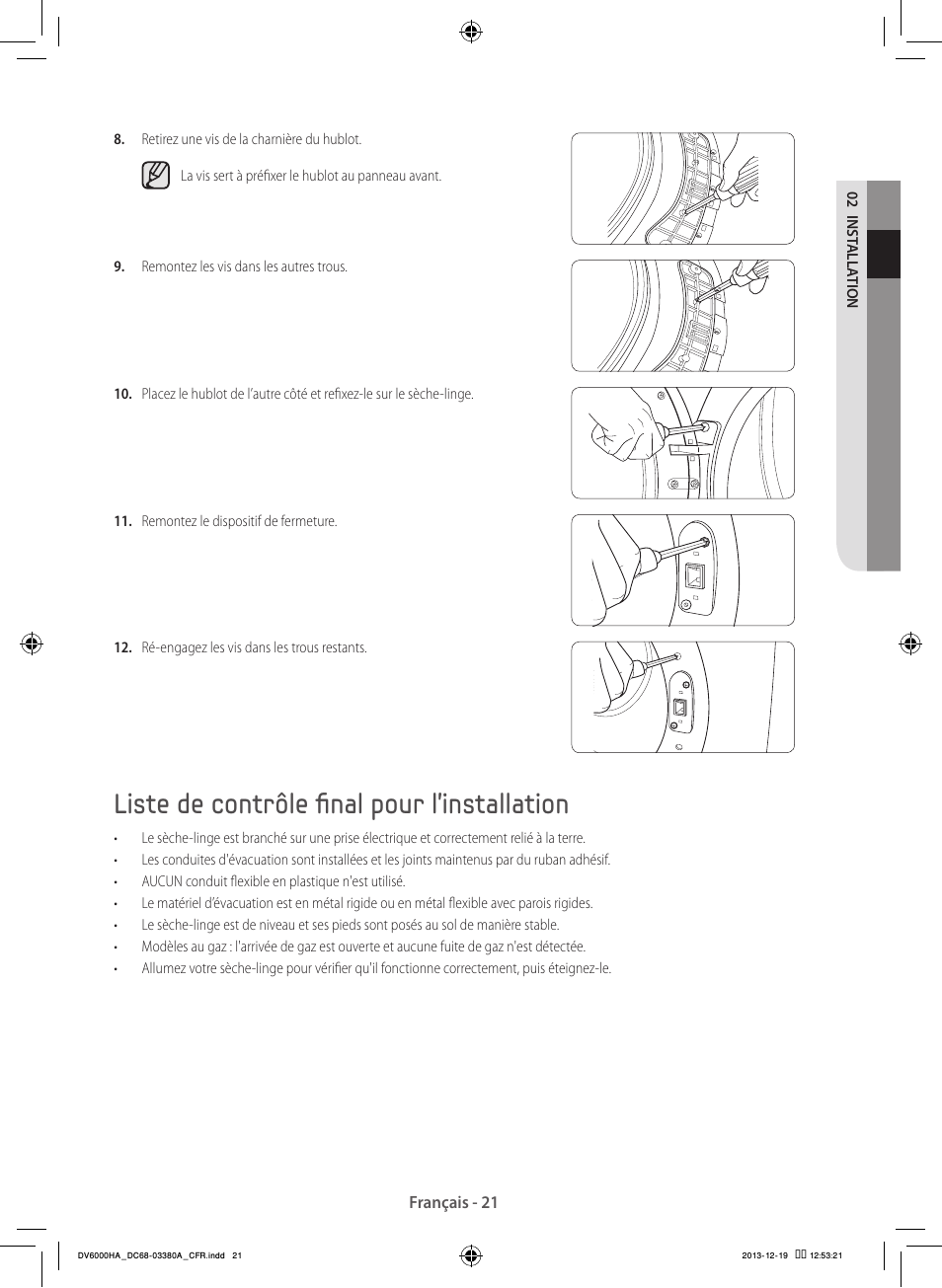Liste de contrôle final pour l’installation | Samsung DV42H5600EG-AC User Manual | Page 65 / 132