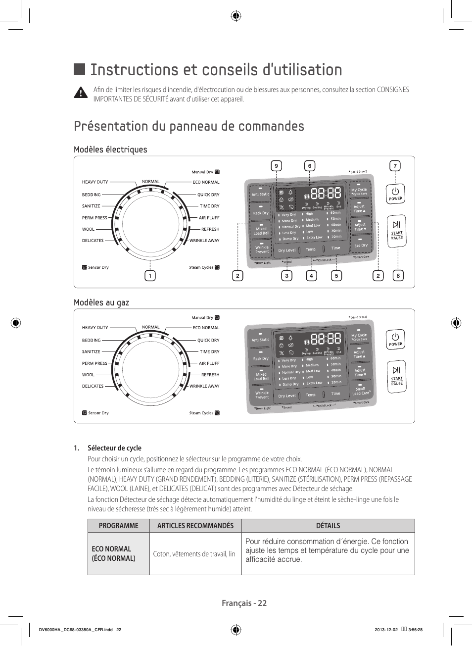 Instructions et conseils d’utilisation, Présentation du panneau de commandes | Samsung DV42H5600EG-AC User Manual | Page 66 / 132