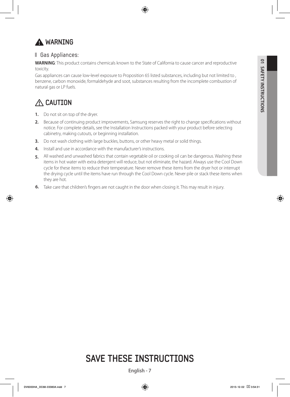 Save these instructions, Warning, Caution | Samsung DV42H5600EG-AC User Manual | Page 7 / 132