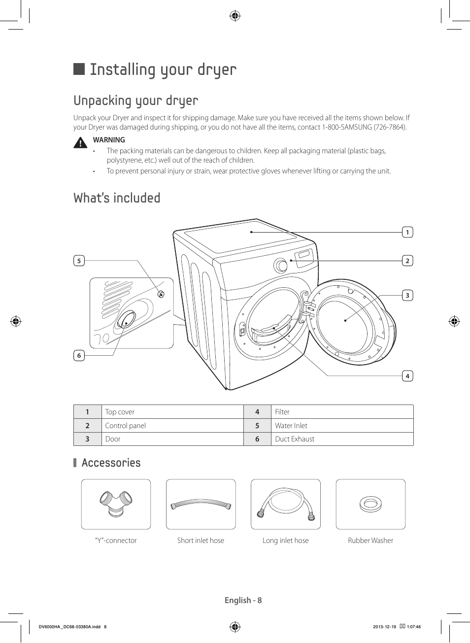 Installing your dryer, Unpacking your dryer, What’s included | Accessories | Samsung DV42H5600EG-AC User Manual | Page 8 / 132