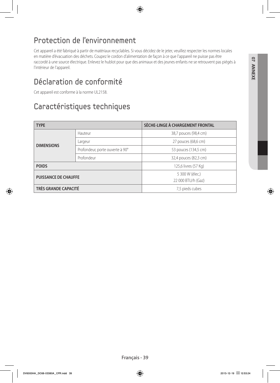 Protection de l’environnement, Déclaration de conformité, Caractéristiques techniques | Samsung DV42H5600EG-AC User Manual | Page 83 / 132