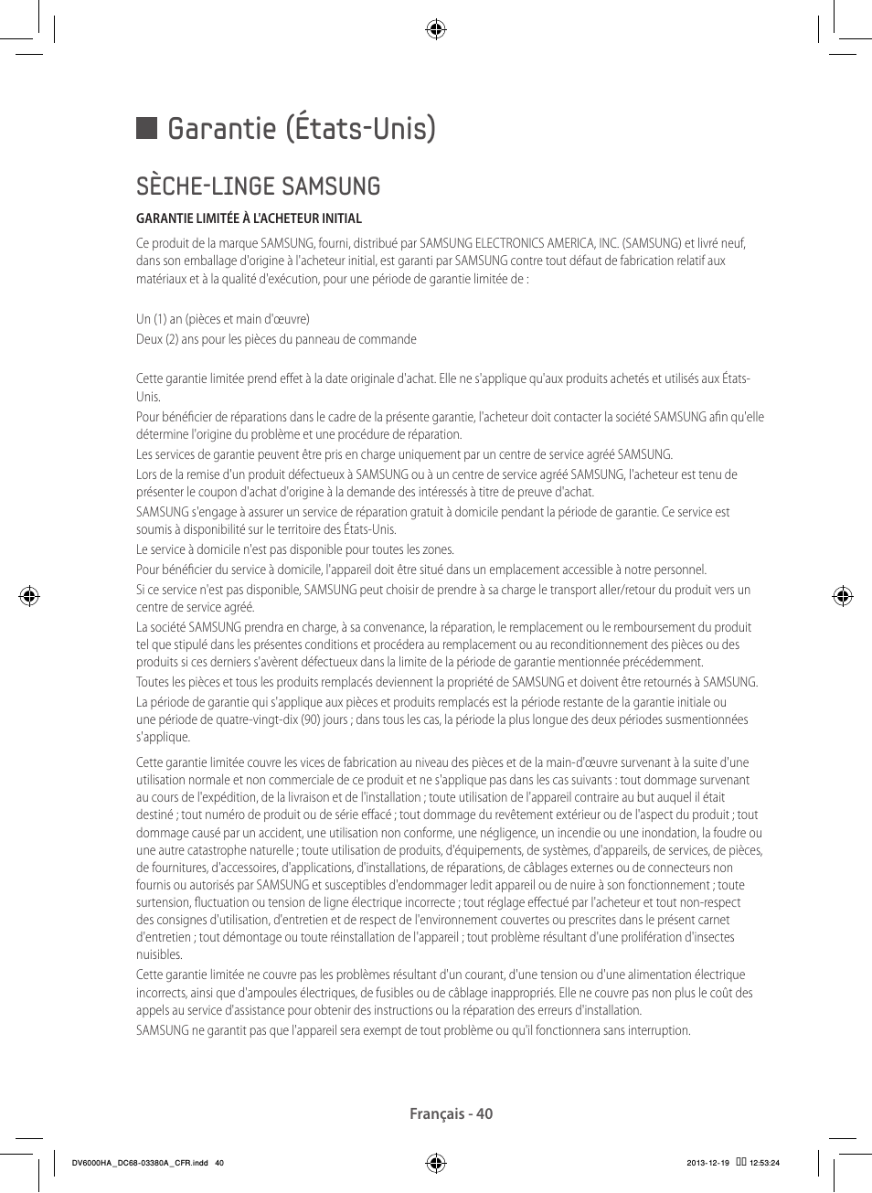 Garantie (états-unis), Sèche-linge samsung | Samsung DV42H5600EG-AC User Manual | Page 84 / 132