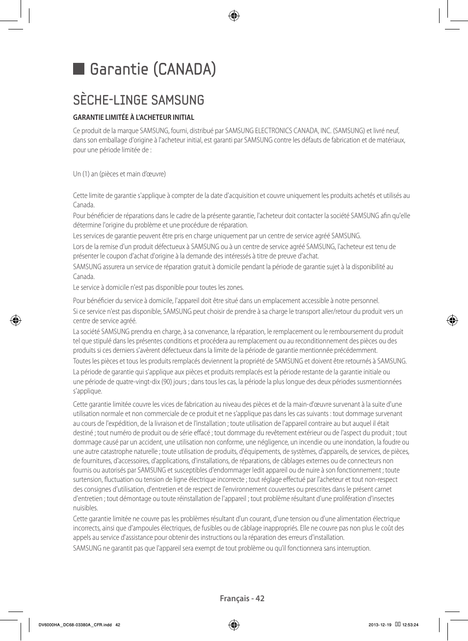 Garantie (canada), Sèche-linge samsung | Samsung DV42H5600EG-AC User Manual | Page 86 / 132