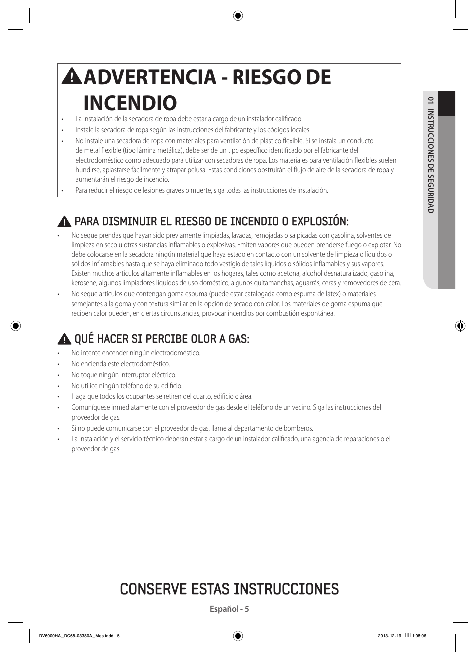 Advertencia - riesgo de incendio, Conserve estas instrucciones, Para disminuir el riesgo de incendio o explosión | Qué hacer si percibe olor a gas | Samsung DV42H5600EG-AC User Manual | Page 93 / 132