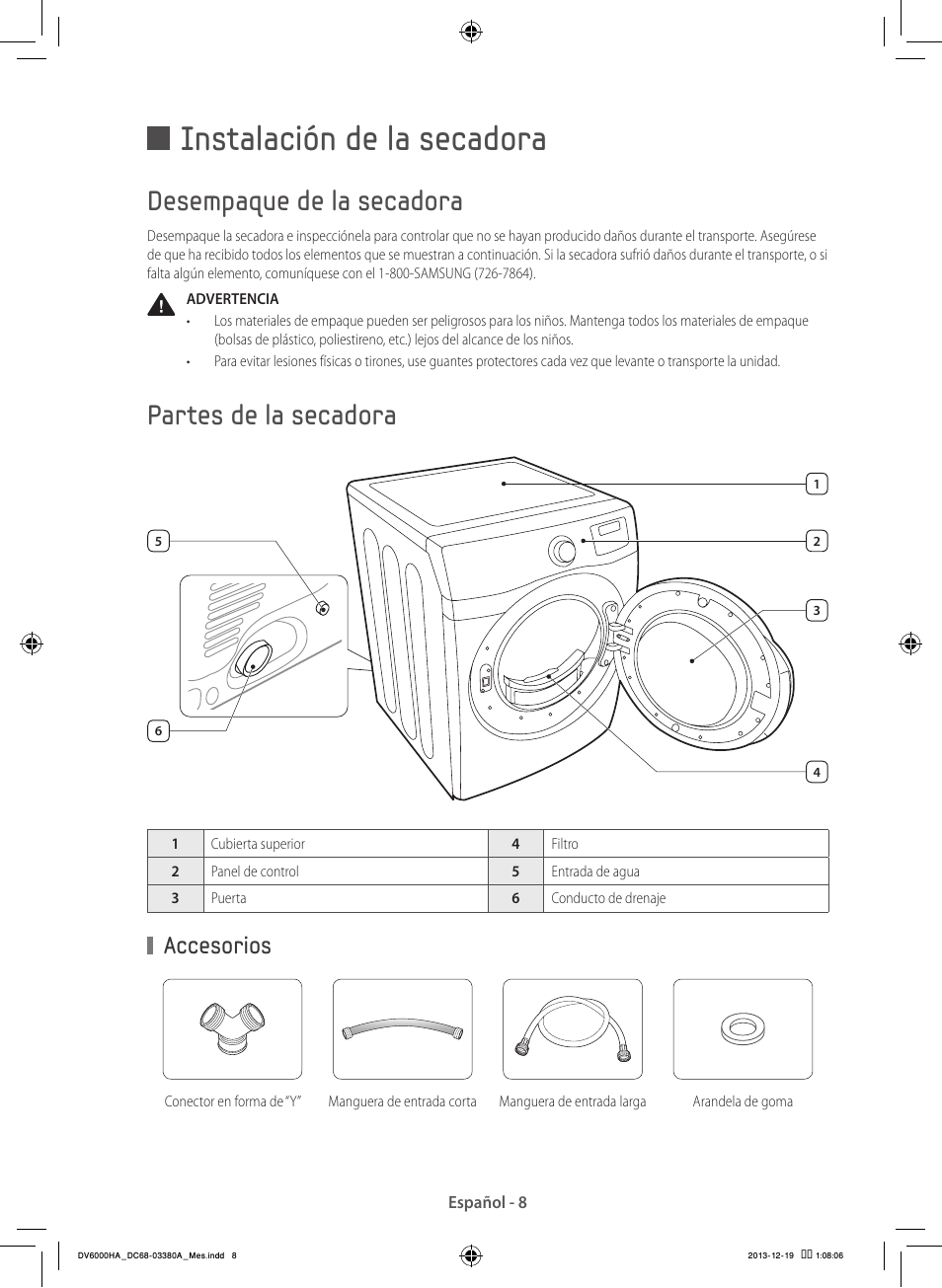 Instalación de la secadora, Desempaque de la secadora, Partes de la secadora | Accesorios | Samsung DV42H5600EG-AC User Manual | Page 96 / 132