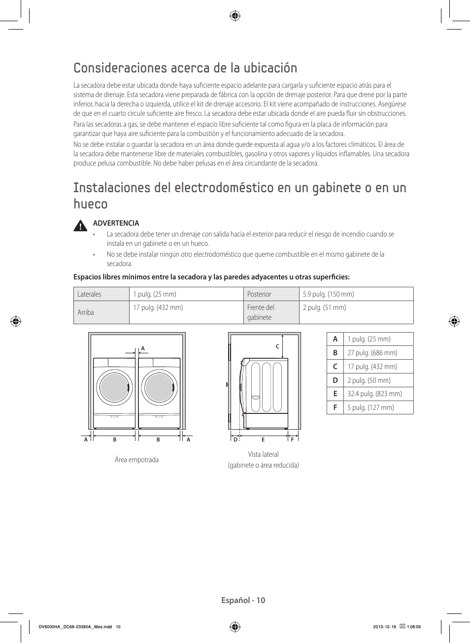 Consideraciones acerca de la ubicación | Samsung DV42H5600EG-AC User Manual | Page 98 / 132
