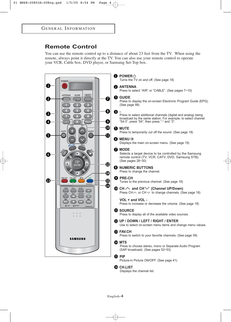 Remote control | Samsung LNR408DX-XAA User Manual | Page 10 / 120
