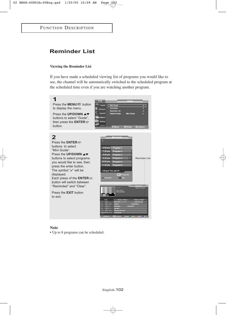 Reminder list, Viewing the reminder list | Samsung LNR408DX-XAA User Manual | Page 108 / 120
