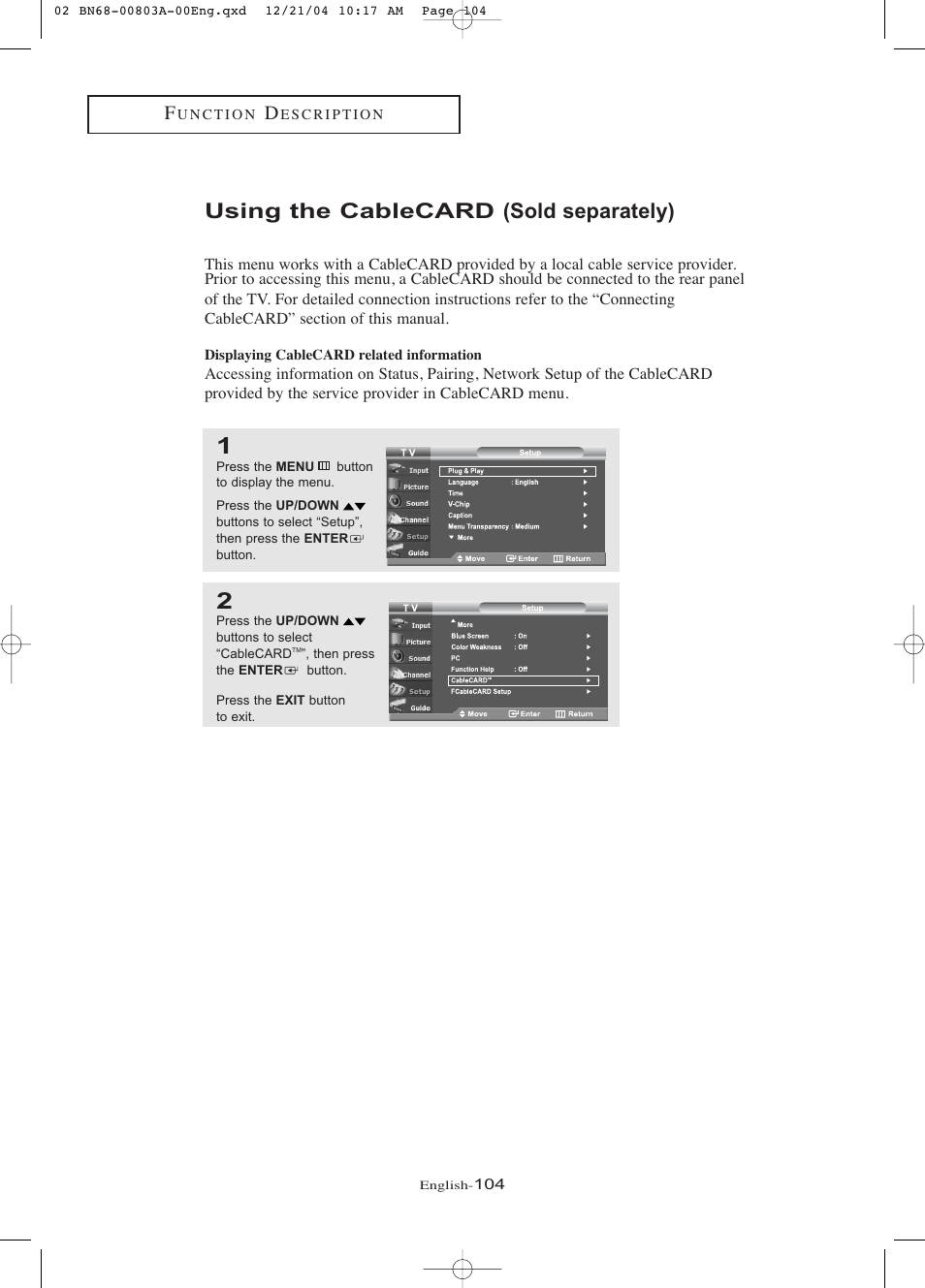Using the cablecard (sold separately), Displaying cablecard related information | Samsung LNR408DX-XAA User Manual | Page 110 / 120