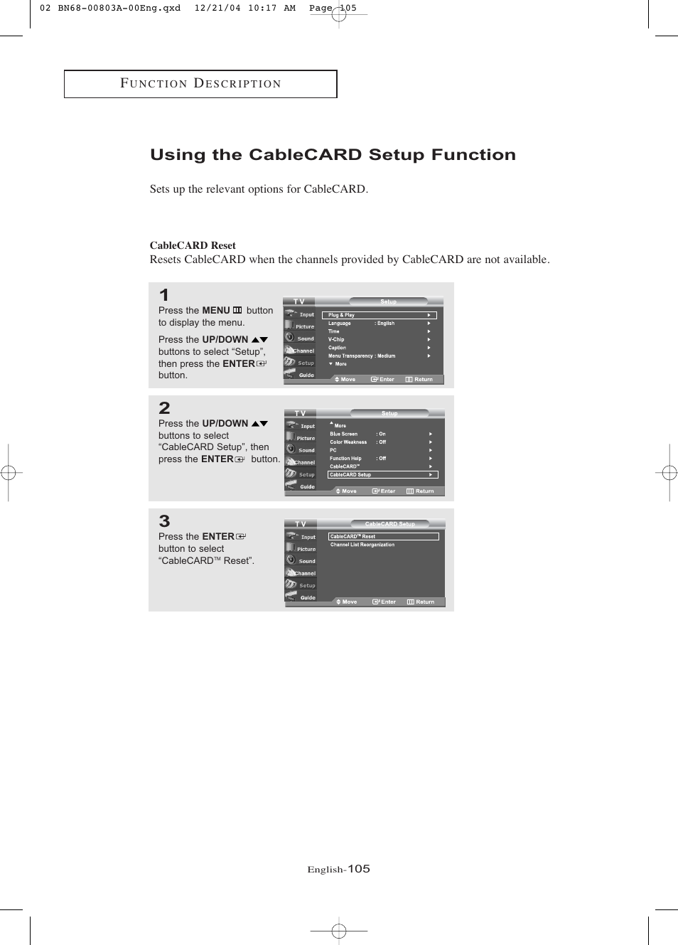Using the cablecard setup function, Cablecard reset | Samsung LNR408DX-XAA User Manual | Page 111 / 120