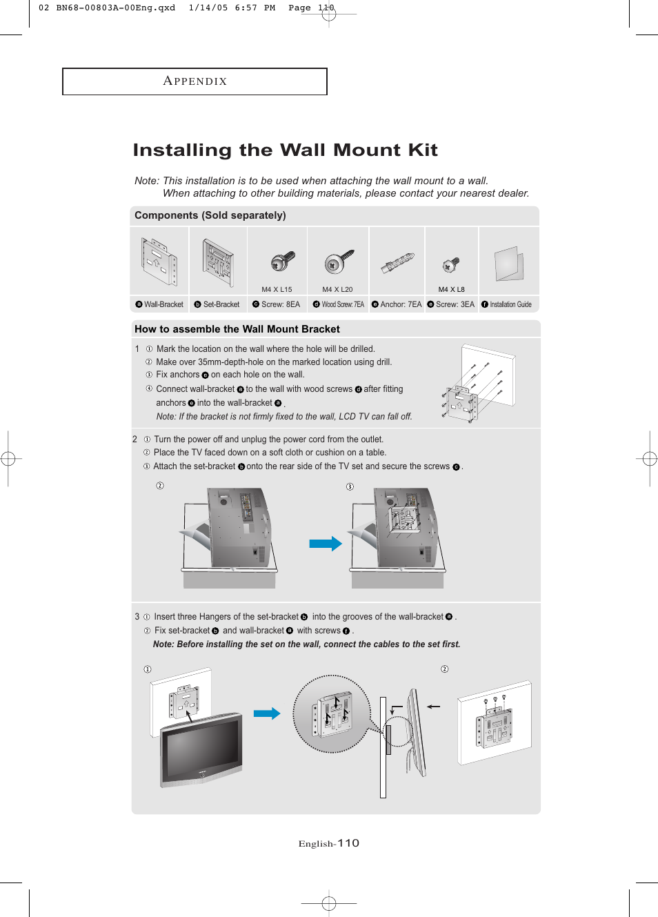 Installing the wall mount kit | Samsung LNR408DX-XAA User Manual | Page 116 / 120