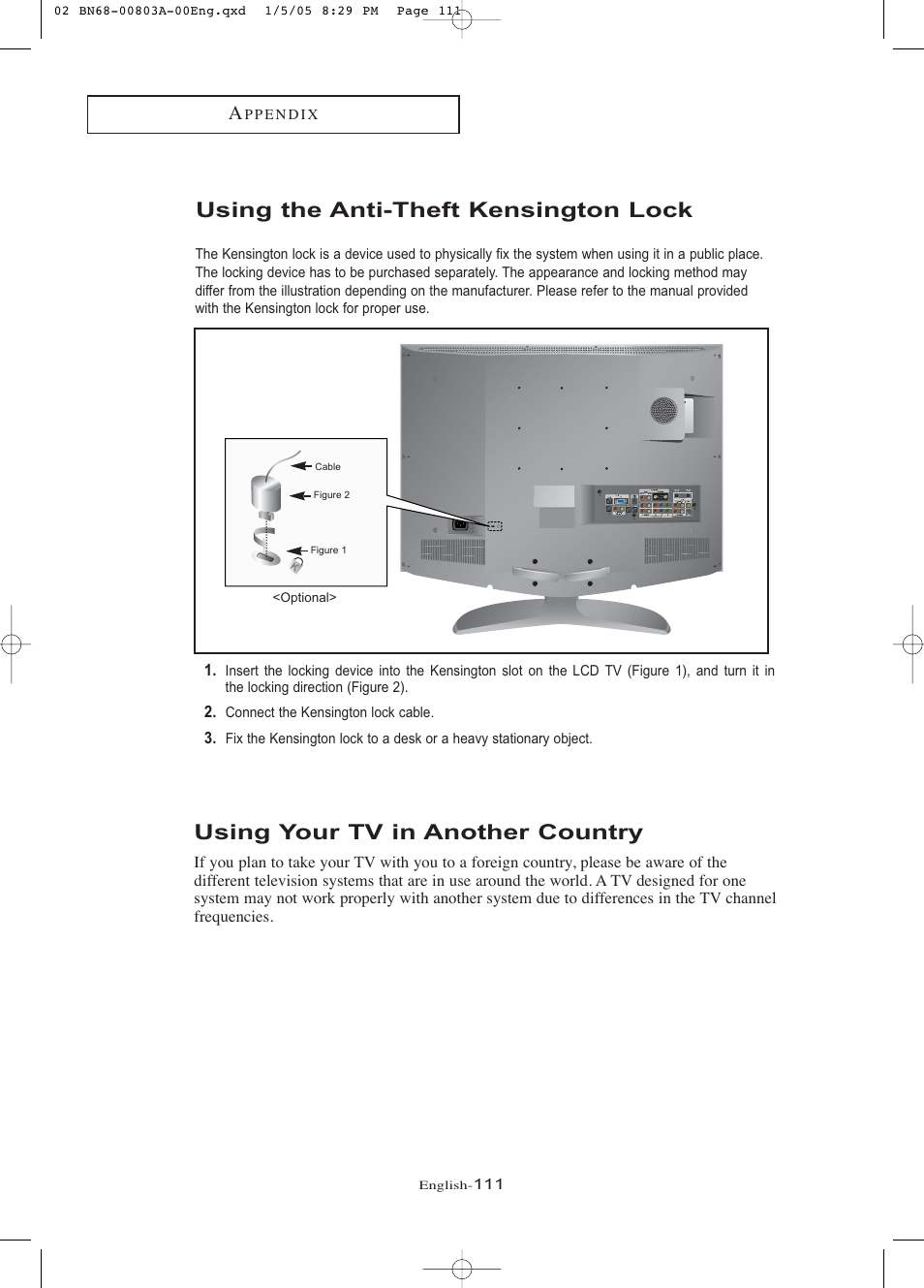 Using the anti-theft kensington lock, Using your tv in another country | Samsung LNR408DX-XAA User Manual | Page 117 / 120