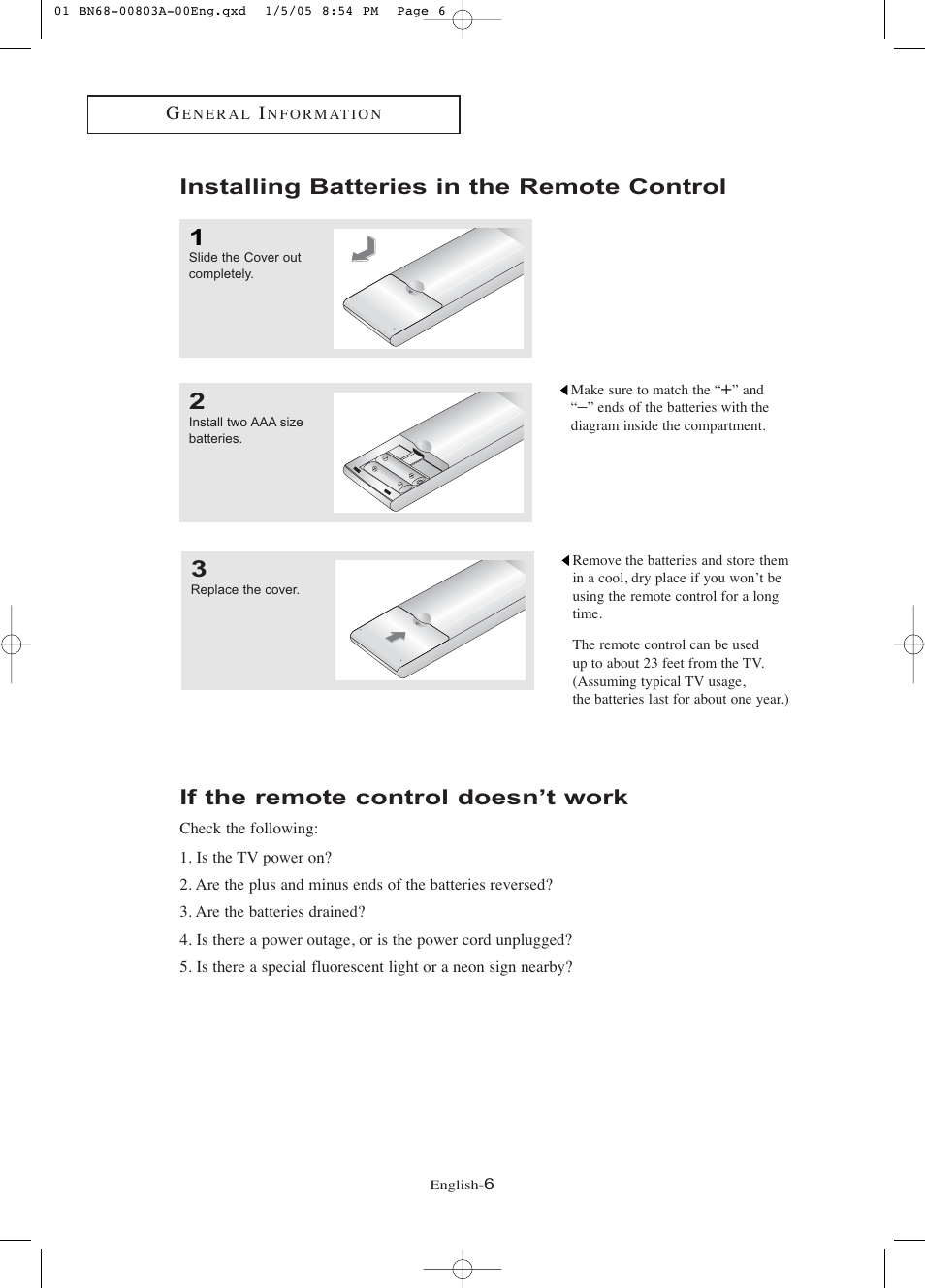 Installing batteries in the remote control, If the remote control doesn’t work | Samsung LNR408DX-XAA User Manual | Page 12 / 120