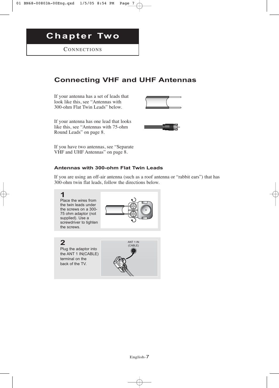 Chapter 2: connections, Connecting vhf and uhf antennas, Antennas with 300-ohm flat twin leads | Samsung LNR408DX-XAA User Manual | Page 13 / 120