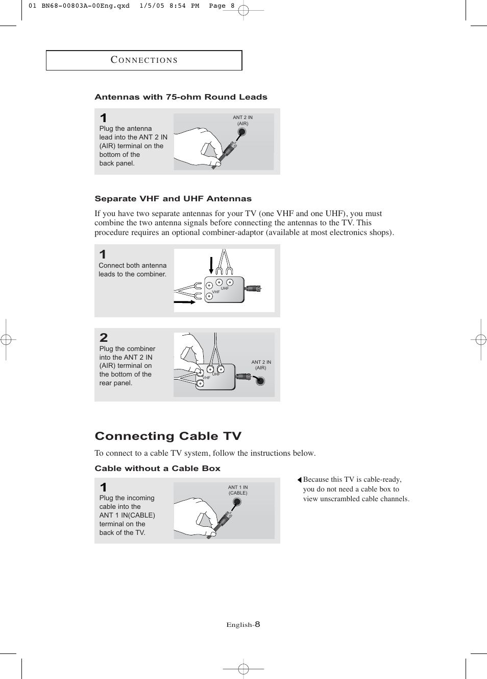 Antennas with 75-ohm round leads, Separate vhf and uhf antennas, Connecting cable tv | Cable without a cable box | Samsung LNR408DX-XAA User Manual | Page 14 / 120