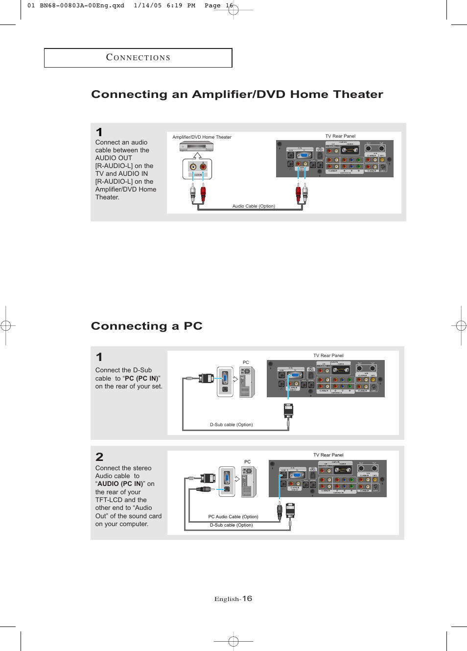 Connecting an amplifier/dvd home theater, Connecting a pc | Samsung LNR408DX-XAA User Manual | Page 22 / 120