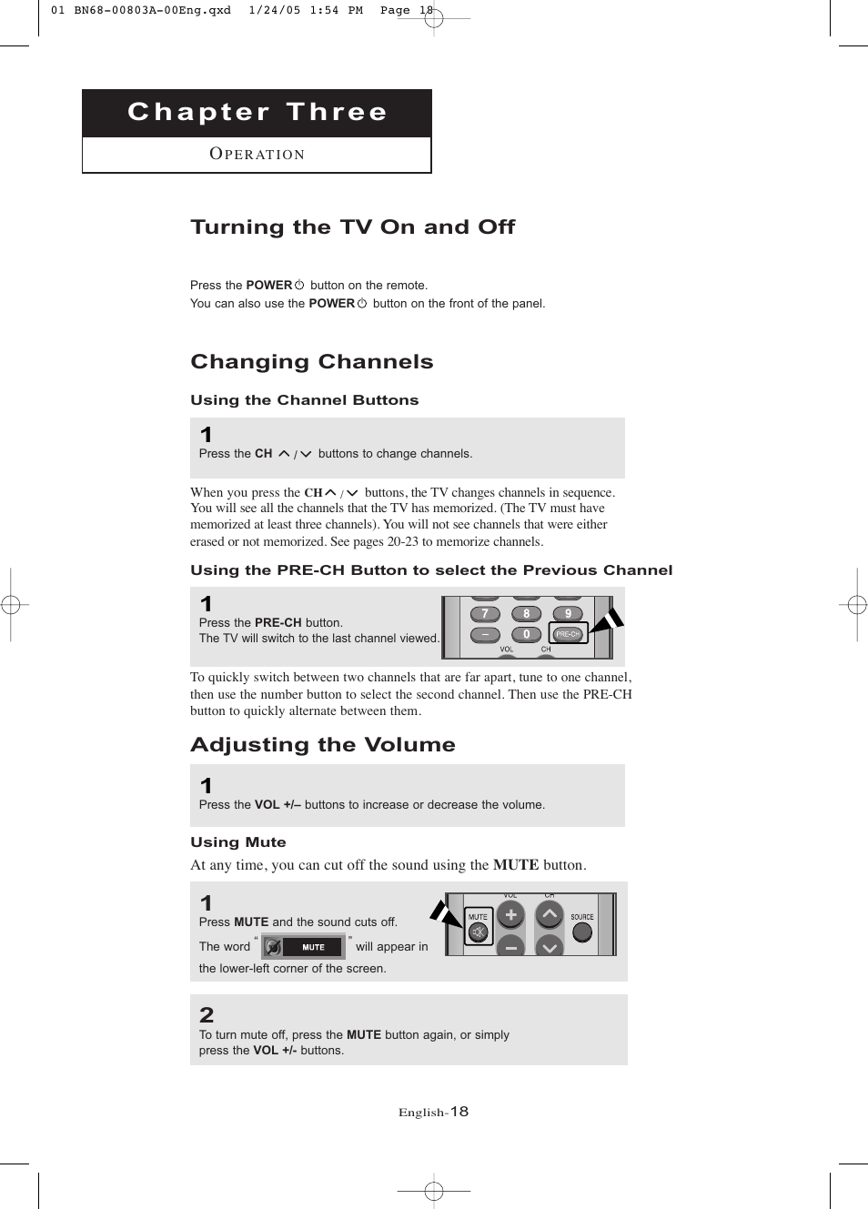 Chapter 3: operation, Turning the tv on and off, Changing channels | Using the channel buttons, Adjusting the volume, Using mute | Samsung LNR408DX-XAA User Manual | Page 24 / 120