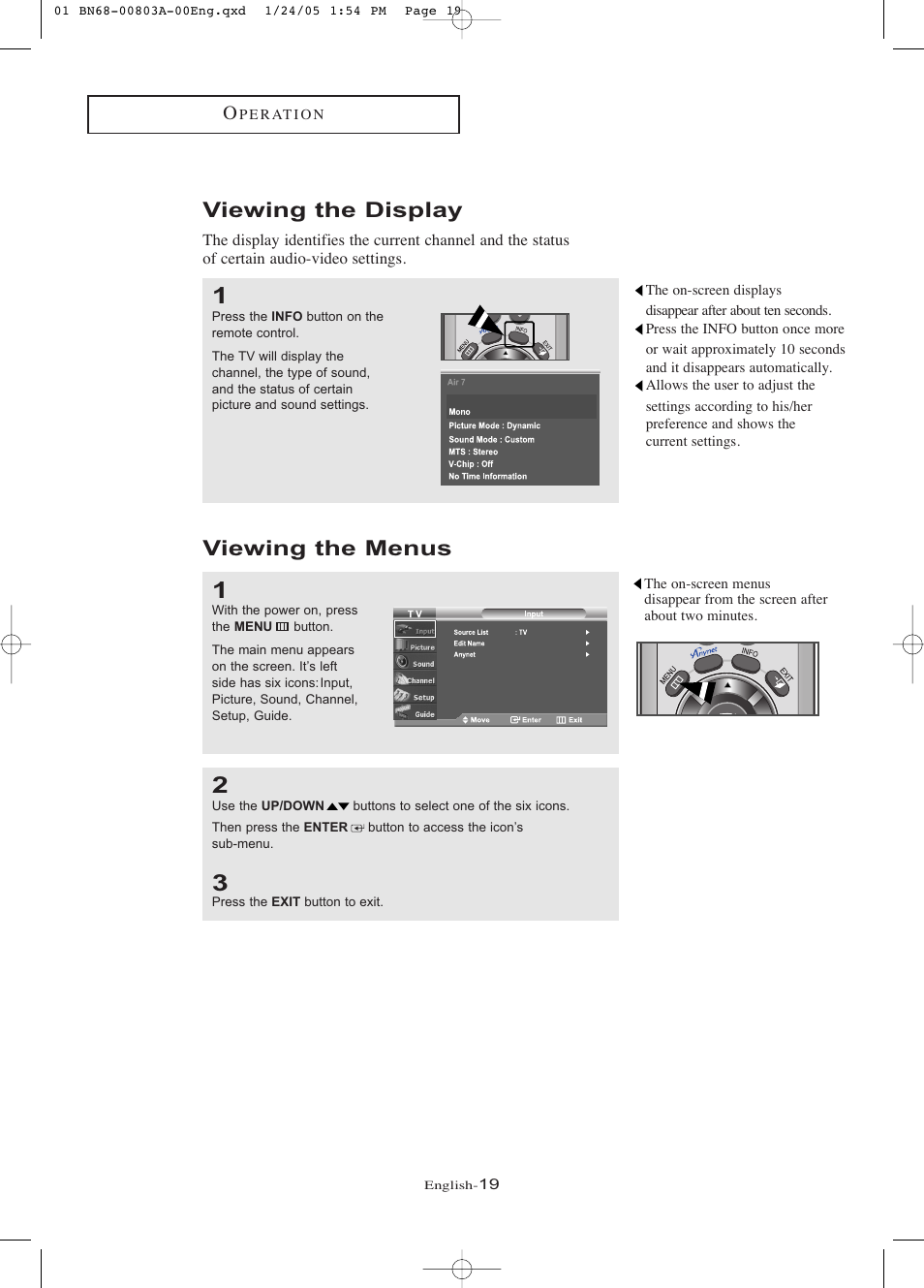 Viewing the display, Viewing the menus | Samsung LNR408DX-XAA User Manual | Page 25 / 120