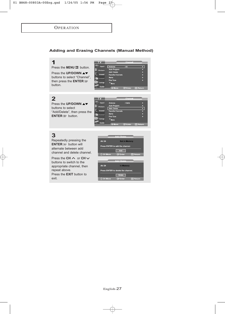 Adding and erasing channels (manual method) | Samsung LNR408DX-XAA User Manual | Page 33 / 120