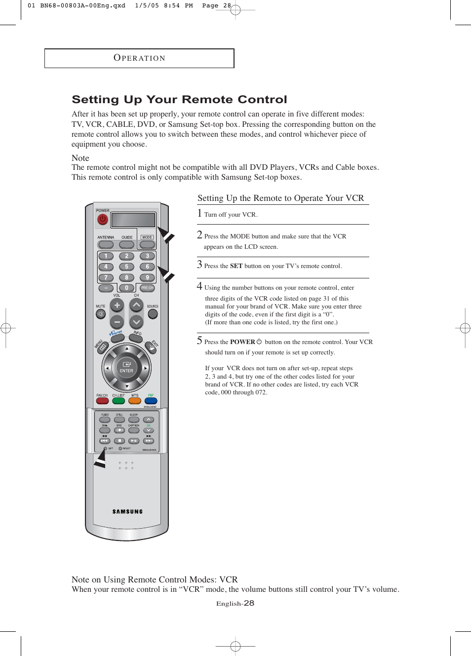Setting up your remote control | Samsung LNR408DX-XAA User Manual | Page 34 / 120