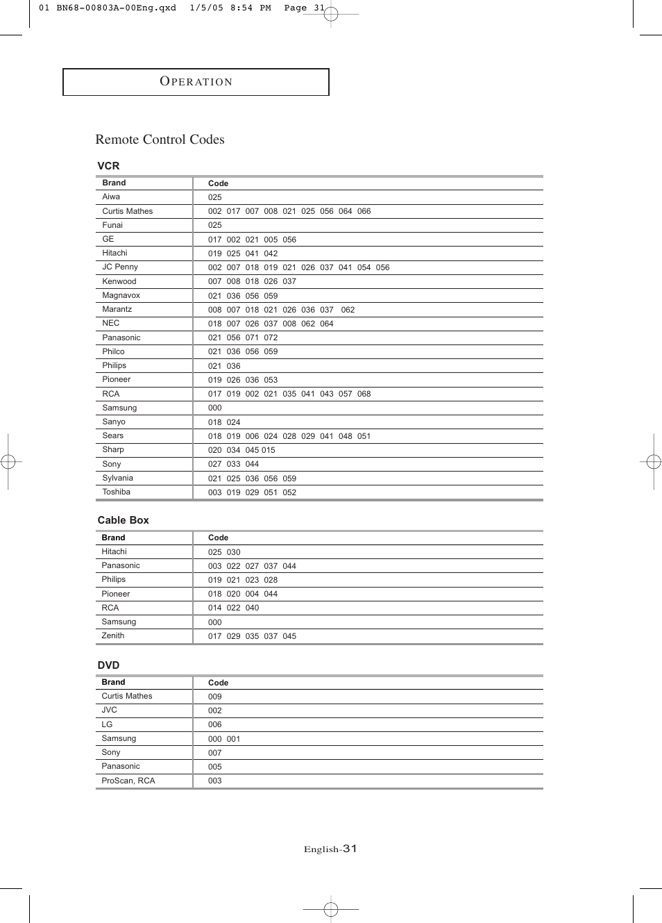 Remote control codes, P e r at i o n, Cable box | Samsung LNR408DX-XAA User Manual | Page 37 / 120