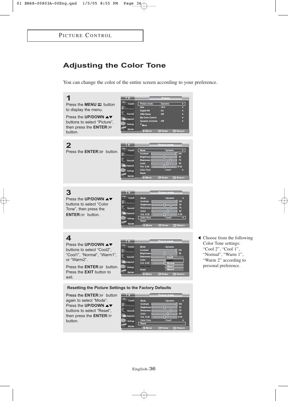 Adjusting the color tone | Samsung LNR408DX-XAA User Manual | Page 42 / 120