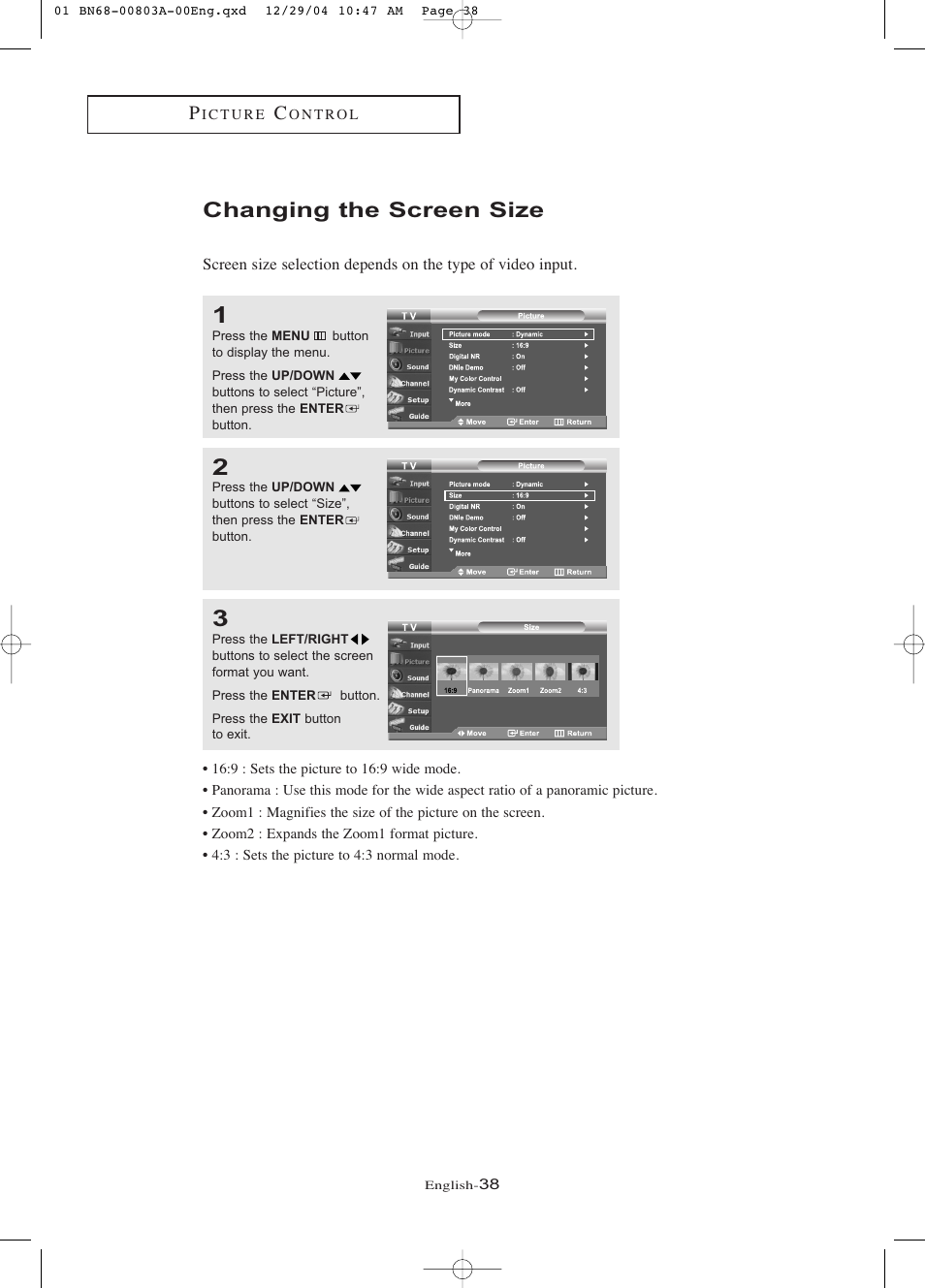 Changing the screen size | Samsung LNR408DX-XAA User Manual | Page 44 / 120