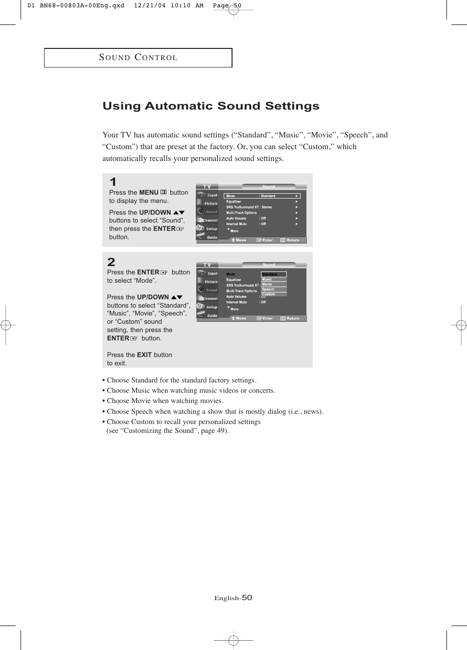 Using automatic sound settings | Samsung LNR408DX-XAA User Manual | Page 56 / 120