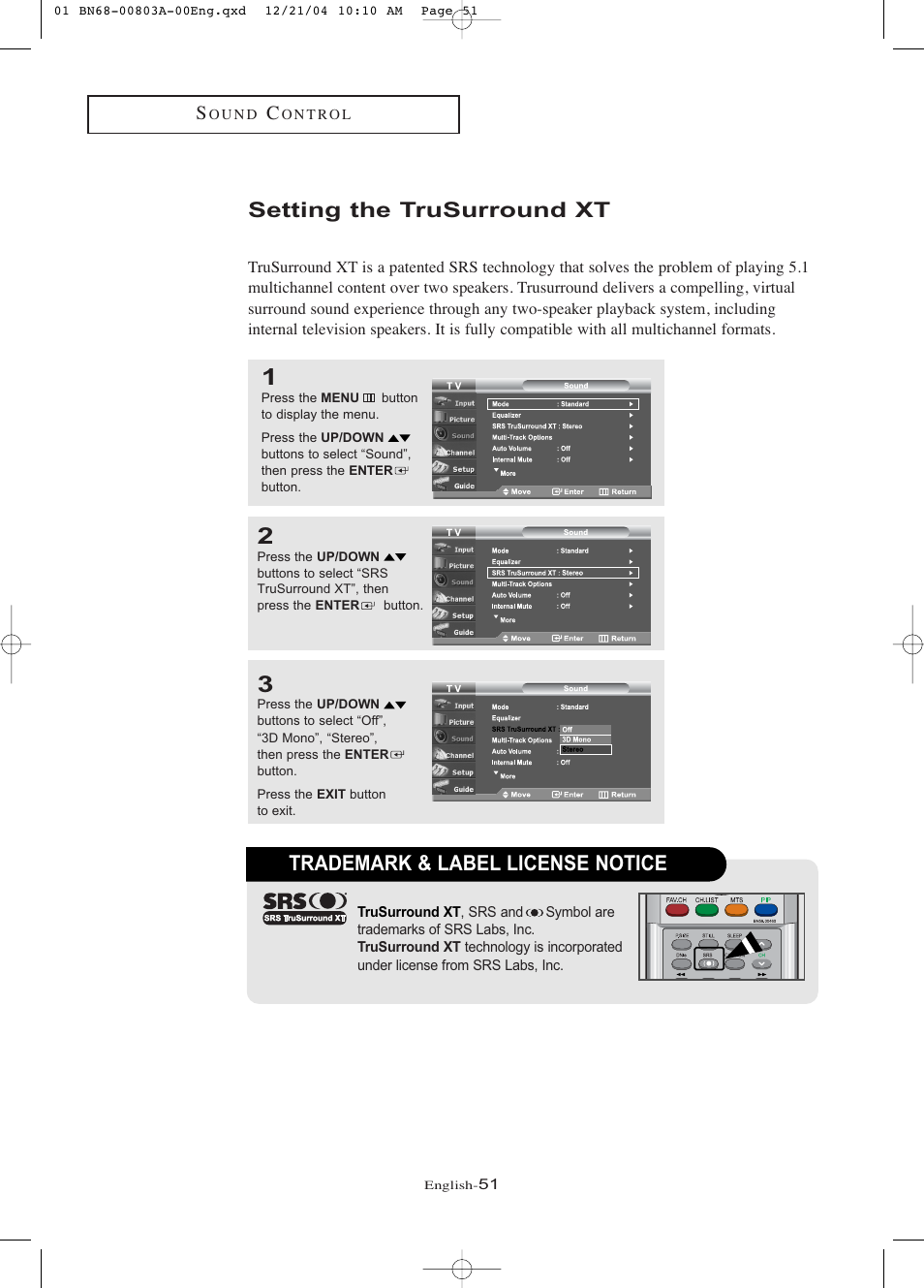 Setting the trusurround xt, Trademark & label license notice | Samsung LNR408DX-XAA User Manual | Page 57 / 120