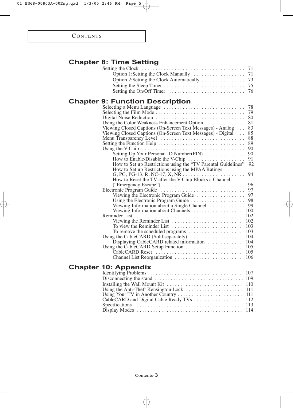 Chapter 8: time setting, Chapter 9: function description, Chapter 10: appendix | Samsung LNR408DX-XAA User Manual | Page 6 / 120