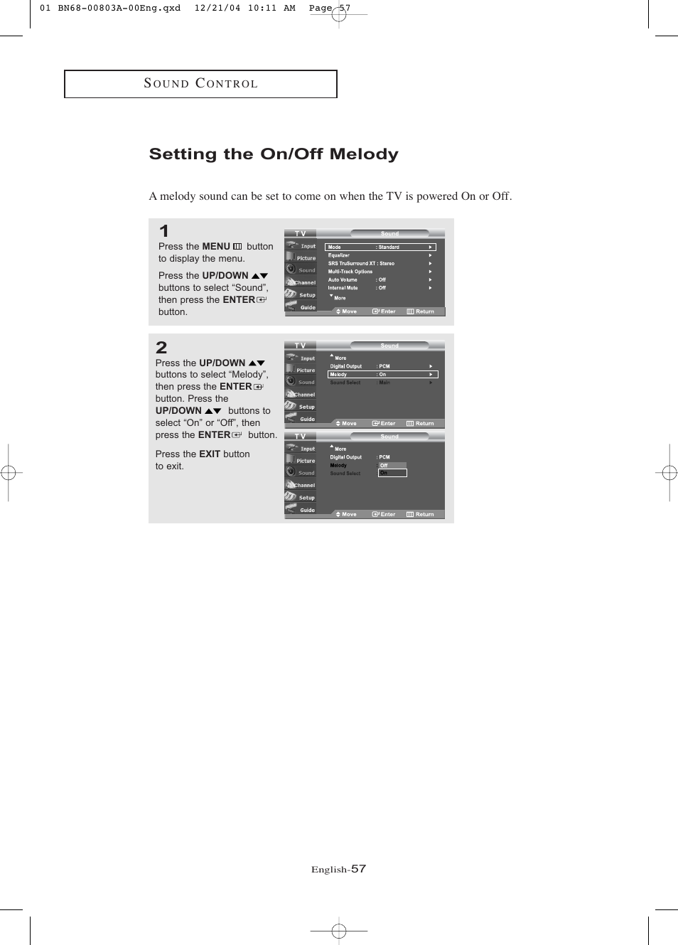 Setting the on/off melody | Samsung LNR408DX-XAA User Manual | Page 63 / 120