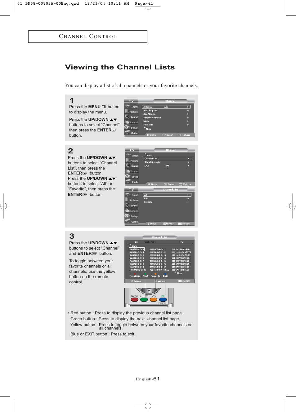 Viewing the channel lists | Samsung LNR408DX-XAA User Manual | Page 67 / 120